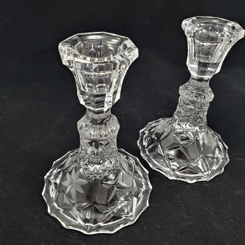 Set of 2 Lead Crystal Vintage Glass Candle Stick Holders 5” Clear Crystal
